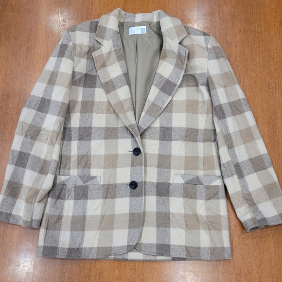 Vintage Jackets & Blazers - Vintage Wool Cleo Blazer Coat Womens 10 Tan Grey Plaid Acadamia Fall